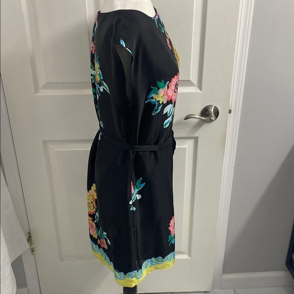 Jacob Floral Black Dress Self Tie Belt Lined Boat Neck Cap Sleeves Sz M - Picture 6 of 13